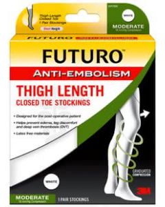 Futuro Anti-Embolism Stockings, Thigh Length, Closed Toe, M Short, White